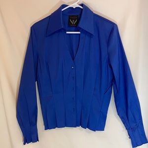 Blue button down pleated blouse
